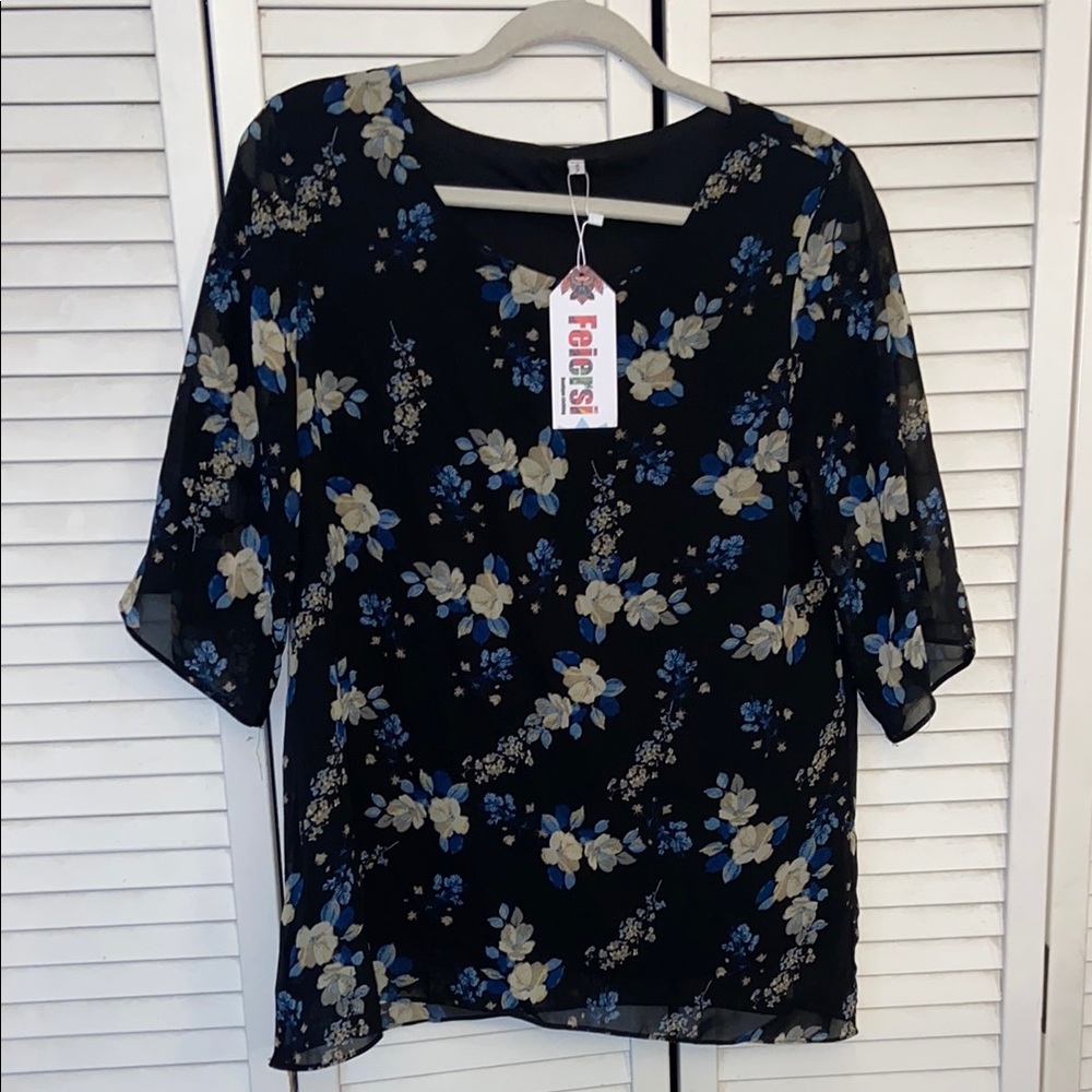 Floral Print Black and Blue Blouse